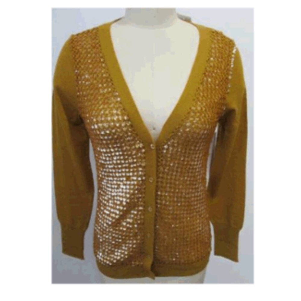 J.Crew — mustard yellow, wool-knit, button-down cardigan, sequined front